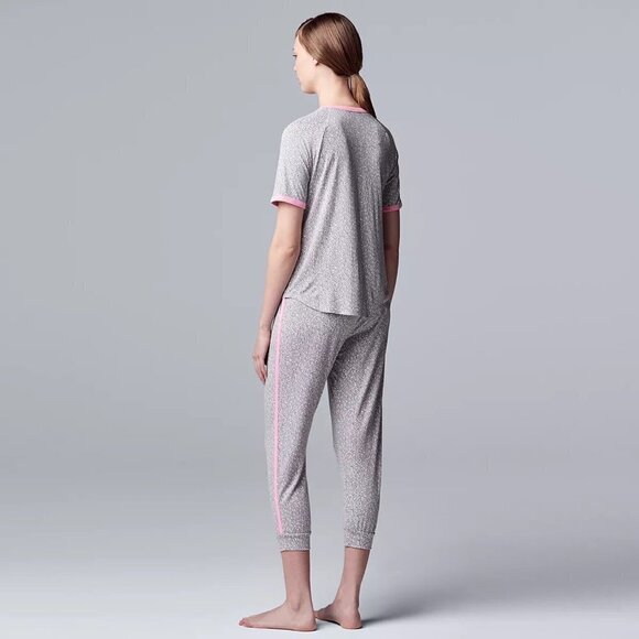Simply Vera Wang Womens Gray Pink Short Sleeve Pockets Crop Pajama Sets Sz M New - Picture 2 of 12